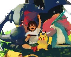 Rule 34 | 1girl, :d, arm up, bag, bare arms, bob cut, brown hair, claws, closed eyes, creatures (company), dandelion, flower, full body, game freak, garchomp, gen 1 pokemon, gen 2 pokemon, gen 4 pokemon, grass, green shorts, handbag, holding, indian style, legendary pokemon, mayo cha, nintendo, nintendo switch, open mouth, pikachu, pokemon, pokemon (creature), pokemon sm, red footwear, selene (pokemon), shirt, shoes, short hair, short sleeves, shorts, sitting, smile, socks, spikes, suicune, teeth, tied shirt, tongue, tree, white shirt, yellow legwear