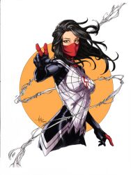 1girl artist_collaboration black_bodysuit black_hair bodysuit cindy_moon josh_cassara long_hair looking_at_viewer lukegroundflyer marvel mask mouth_mask red_mask signature silk_(marvel) solo spider-man_(series) superhero_costume two-tone_bodysuit white_bodysuit