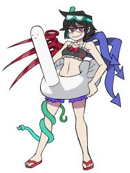 Rule 34 | 1girl, asymmetrical wings, bikini, black hair, breasts, eddybird55555, glasses, highres, houjuu nue, implied futanari, innertube, jitome, legs apart, looking at viewer, navel, sandals, simple background, small breasts, smile, solo, standing, stomach, sunglasses, swim ring, swimsuit, touhou, v-shaped eyebrows, white background, wings
