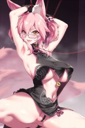 Rule 34 | 1girl, animal ear fluff, animal ears, armpits, arms up, bell, black dress, black gloves, blush, breasts, center opening, china dress, chinese clothes, collar, crotch, double bun, dress, fang, fate/grand order, fate (series), fox ears, fox girl, fox tail, fuya (tempupupu), glasses, gloves, hair between eyes, hair bun, jingle bell, koyanskaya (chinese lostbelt outfit) (fate), koyanskaya (fate), large breasts, leash, long hair, looking at viewer, navel, pink hair, restrained, sidelocks, sleeveless, sleeveless dress, smile, solo, squatting, tail, tassel, thighs, underboob, yellow eyes