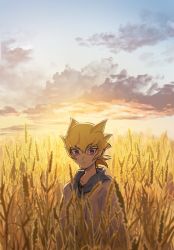 Rule 34 | 1boy, blonde hair, child, closed mouth, day, jack atlas, jacket, looking at viewer, male focus, outdoors, purple eyes, solo, torinomaruyaki, wheat field, white jacket, aged down, yu-gi-oh!, yu-gi-oh! 5d&#039;s