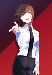 Rule 34 | 1girl, arm up, braid, braided ponytail, breasts, brown eyes, brown hair, chainsaw man, eyebrows hidden by hair, finger gun, formal, highres, long hair, looking at viewer, makima (chainsaw man), medium breasts, moegi0926, necktie, open mouth, pants, ponytail, red background, simple background, smile, solo, suit