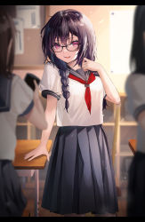 Rule 34 | 1girl, 3girls, absurdres, black hair, blurry, blush, breasts, depth of field, glasses, highres, large breasts, long hair, looking at viewer, md5 mismatch, multiple girls, neckerchief, open mouth, original, pleated skirt, purple eyes, resolution mismatch, sailor collar, school uniform, serafuku, skirt, smile, solo focus, source smaller, yufou
