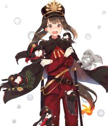 Rule 34 | 1girl, black cloak, black hat, blush, brown hair, cloak, crossed arms, fate/grand order, fate (series), floating hair, gloves, hat, highres, jacket, long hair, military, military uniform, mosta (lo1777789), oda nobukatsu (fate), oda nobunaga (fate), oda nobunaga (koha-ace), open mouth, pants, ponytail, red eyes, red jacket, red pants, sheath, sheathed, standing, sword, uniform, weapon, white gloves