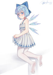 Rule 34 | 1girl, absurdres, alternate costume, bare shoulders, barefoot, blue eyes, blue hair, blush, bow, circled 9, cirno, dress, eyebrows hidden by hair, feet, flat chest, from side, full body, hair bow, highres, ice, ice wings, kneeling, littiecy, looking at viewer, looking back, pantyhose, short hair, simple background, smile, soles, solo, toes, touhou, white background, white pantyhose, wings