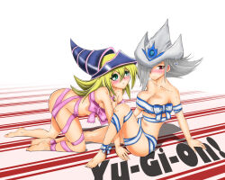 Rule 34 | 2girls, ass, barefoot, blonde hair, blush, breasts, cleavage, dark magician girl, doggystyle, green eyes, happy, hat, large breasts, leaning forward, long hair, multiple girls, naked ribbon, navel, red eyes, ribbon, sex, sex from behind, silent magician, sitting, smile, spread legs, yu-gi-oh!, yuri