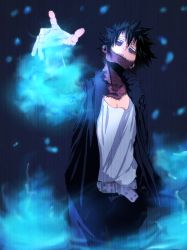 Rule 34 | 10s, 1boy, belt, black hair, black jacket, blue eyes, blue fire, boku no hero academia, burn scar, dabi (boku no hero academia), earrings, fire, hand in pocket, hand up, jacket, jewelry, looking at viewer, male focus, messy hair, open mouth, osabe tom, scar, shirt, white shirt
