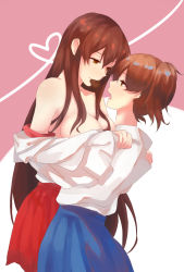 Rule 34 | 10s, 2girls, akagi (kancolle), asymmetrical hair, bad id, bad pixiv id, breast press, breasts, brown eyes, brown hair, candy, chocolate, chocolate heart, clothes down, food, hands on another&#039;s shoulders, heart, highres, kadokawa shoten, kaga (kancolle), kantai collection, large breasts, long hair, looking at another, multiple girls, nyasa, short hair, side ponytail, symmetrical docking, valentine, yuri
