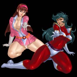 Rule 34 | 1970s (style), 2girls, abs, bodysuit, boots, breasts, brown eyes, brown hair, cameltoe, center opening, cleavage, covered erect nipples, gloves, great mazinger, green hair, honoo jun, large breasts, long hair, mazinger (series), mazinger z, multiple girls, oldschool, panties, pantyshot, retro artstyle, skin tight, spread legs, toei animation, underwear, upskirt, white panties, yumi sayaka, zen and retro