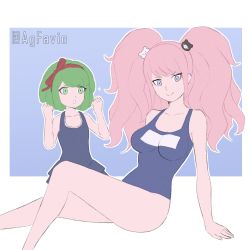 Rule 34 | 2girls, age difference, agfavio, arms up, bare arms, bare legs, bear hair ornament, blonde hair, blue one-piece swimsuit, bow, breasts, child, cleavage, closed mouth, collarbone, danganronpa: trigger happy havoc, danganronpa (series), danganronpa another episode: ultra despair girls, danganronpa s: ultimate summer camp, ears, enoshima junko, feet out of frame, female focus, flat chest, green eyes, green hair, hair bow, hair ornament, hair ribbon, hairband, hands up, headband, highres, kneeling, large breasts, legs, long hair, looking at viewer, multiple girls, one-piece swimsuit, open mouth, purple eyes, red bow, red hairband, red headband, red headwear, red ribbon, ribbon, school swimsuit, sitting, smile, swimsuit, teeth, thighs, towa monaca, twintails
