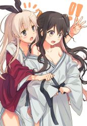 Rule 34 | !, !!, 10s, 2girls, ^^^, assisted exposure, bad id, bad twitter id, black hair, blonde hair, blush, bow, breasts, brown eyes, brown hair, cleavage, fang, hair bow, hair ornament, hair ribbon, highres, japanese clothes, kantai collection, kimono, long hair, multicolored hair, multiple girls, naganami (kancolle), obi, off shoulder, one side up, open mouth, outstretched hand, pink hair, ribbon, sash, shimakaze (kancolle), sidelocks, simple background, small breasts, yellow eyes, yo yuma, yukata