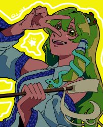 Rule 34 | 1girl, arm up, bare shoulders, blue shirt, blue skirt, breasts, collared shirt, commentary request, detached sleeves, fingernails, frog hair ornament, gohei, green eyes, green hair, hair between eyes, hair ornament, hair tubes, hands up, kochiya sanae, long hair, long legs, long sleeves, looking at viewer, medium breasts, open mouth, raya (uk 0128), shirt, skirt, smile, snake hair ornament, solo, standing, star (symbol), teeth, tongue, touhou, twitter username, v, wide sleeves, yellow background