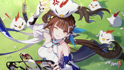 Rule 34 | !, 1girl, anger vein, animal, animal on head, bare shoulders, bird, bird on head, breasts, brown eyes, brown hair, chinese clothes, chinese commentary, detached sleeves, earrings, fingerless gloves, flower, gloves, grass, highres, holding, holding kite, honkai (series), honkai impact 3rd, jewelry, jingwei (bird), kite, large breasts, li sushang, li sushang (jade knight), logo, long hair, official art, official wallpaper, on head, one eye closed, outdoors, parted lips, twintails, upper body, very long hair, white flower, white gloves