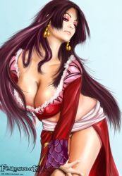 Rule 34 | 1girl, bent over, black hair, boa hancock, breasts, cleavage, eyeshadow, fernando neves rocha, large breasts, long skirt, looking at viewer, makeup, one piece, realistic, skirt, solo