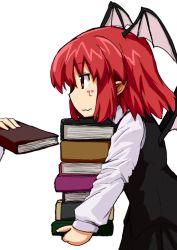 Rule 34 | 1girl, alternate hair length, alternate hairstyle, bad id, bad pixiv id, bat wings, blush stickers, book, book stack, carrying, dai-erie, dress shirt, gerijita, head wings, holding, holding book, koakuma, long sleeves, looking at another, pointy ears, red eyes, red hair, shirt, short hair, simple background, skirt, skirt set, sweat, sweatdrop, touhou, vest, wavy mouth, white background, white shirt, wings