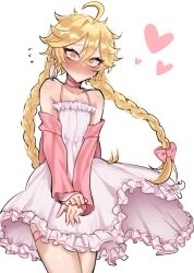 Rule 34 | 1boy, aether (genshin impact), ahoge, bare shoulders, blonde hair, blush, bow, braid, choker, clothes lift, crossdressing, detached sleeves, dress, earrings, frilled dress, frills, genshin impact, heart, highres, jewelry, looking at viewer, nail polish, pink bow, pink choker, pink nails, pink sleeves, skirt, skirt lift, sleepy (mu68968), thigh strap, thighs, twintails, white background, yellow eyes