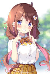Rule 34 | 1girl, ahoge, blue eyes, blurry, blurry background, blush, bow, braid, breasts, brown hair, collared shirt, commentary request, depth of field, diagonal-striped bow, dress shirt, egg hair ornament, fingers to cheeks, food-themed hair ornament, grin, hair ornament, hands up, heart, heart hair ornament, hiyori chihiyo, long hair, looking at viewer, multicolored hair, pan (mimi), pink hair, plaid, plaid skirt, pleated skirt, school uniform, shirt, short sleeves, skirt, small breasts, smile, solo, two-tone hair, vee (vtuber), very long hair, virtual youtuber, white shirt, yellow skirt