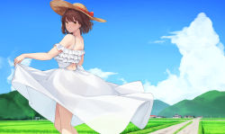 Rule 34 | 1girl, blue sky, brown eyes, brown hair, closed mouth, clothes lift, cloud, commentary request, cumulonimbus cloud, day, dress, dress lift, field, frills, hat, hat ribbon, highres, house, katou megumi, lifted by self, looking at viewer, mountainous horizon, off-shoulder dress, off shoulder, outdoors, power lines, rebutsu, ribbon, road, rural, saenai heroine no sodatekata, short hair, sky, smile, solo, standing, straw hat, sun hat, sundress, torii, vanishing point, white dress