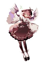 Rule 34 | 1girl, animal ears, bird ears, bird wings, black footwear, brown dress, brown hat, brown thighhighs, cake mogo, dress, earrings, eighth note, fingernails, frilled dress, frills, full body, green nails, hat, highres, jewelry, korean commentary, long fingernails, long sleeves, musical note, mystia lorelei, nail polish, one eye closed, open mouth, pink hair, sharp fingernails, shoes, short hair, simple background, single earring, smile, solo, thighhighs, touhou, touhou mystia&#039;s izakaya, white background, white wings, wide sleeves, winged footwear, winged hat, wings, yellow eyes