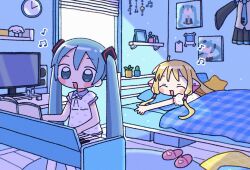 Rule 34 | 1nupool, 2girls, ^ ^, android, bedroom, blonde hair, blush stickers, chibi, chii, chobits, clock, closed eyes, crossover, hatsune miku, highres, indoors, instrument, keyboard (instrument), lolita fashion, long hair, multiple girls, music, musical note, open mouth, otaku room, pajamas, playing instrument, robot ears, sleepover, slippers, sweet lolita, under covers, unworn slippers, very long hair, vocaloid