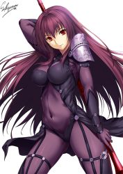 Rule 34 | 1girl, arm at side, arm behind head, armor, artist name, between breasts, bodysuit, breasts, closed mouth, covered navel, fate/grand order, fate (series), gauntlets, gluteal fold, hair between eyes, hair intakes, holding, holding weapon, impossible clothes, long hair, looking at viewer, medium breasts, pauldrons, purple bodysuit, purple hair, red eyes, sakiyamama, scathach (fate), scathach (fate), shoulder armor, simple background, skindentation, sky, solo, standing, weapon, white background