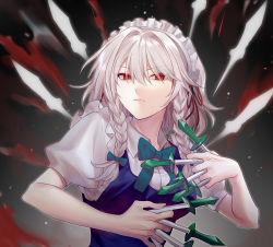 Rule 34 | 1girl, :|, absurdres, between fingers, black background, blood, blood splatter, blue dress, braid, breasts, closed mouth, collared shirt, crimsonknigh t, cropped torso, dress, green neckwear, green ribbon, hair between eyes, hair ribbon, highres, holding, holding knife, izayoi sakuya, knife, knives between fingers, looking at viewer, maid, maid headdress, medium hair, puffy short sleeves, puffy sleeves, red eyes, ribbon, serious, shirt, short sleeves, simple background, small breasts, touhou, tress ribbon, twin braids, upper body, v-shaped eyebrows, white hair, white shirt, wing collar