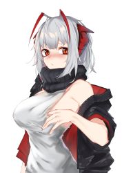 Rule 34 | 1girl, ahoge, arknights, black jacket, black scarf, blush, breasts, closed mouth, clothes pull, commentary, dated commentary, demon horns, grey hair, highres, holding, horns, inniyik, jacket, looking at viewer, medium breasts, off shoulder, open clothes, open jacket, red eyes, scarf, shirt, shirt pull, short hair, simple background, sleeveless, sleeveless shirt, solo, upper body, w (arknights), white background, white shirt
