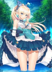 Rule 34 | 1girl, blonde hair, blue eyes, breasts, butterfly hair ornament, cleavage, clothes lift, detached collar, detached sleeves, dress, dress lift, earrings, frills, gluteal fold, hair ornament, highres, jewelry, kirika towa alma, large breasts, lolita fashion, long hair, obi, pointy ears, ponytail, ribbon-trimmed clothes, ribbon trim, sash, shining (series), shining resonance, smile, solo, tony taka, very long hair, wa lolita, wading