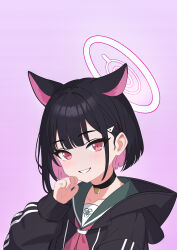 Rule 34 | 1girl, absurdres, animal ears, black choker, black hair, black hoodie, blue archive, blush, cat ears, choker, colored inner hair, commentary request, green sailor collar, hair ornament, hairclip, halo, hand up, highres, hood, hood down, hoodie, kazusa (blue archive), long sleeves, looking at viewer, multicolored hair, neckerchief, pink eyes, pink hair, pink halo, pink neckerchief, purple background, sailor collar, shiroharo, short hair, simple background, smile, solo, upper body