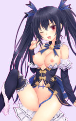 Rule 34 | 10s, 1girl, ;d, bare shoulders, black hair, black thighhighs, blush, breasts, clothes pull, detached collar, detached sleeves, dress, dress pull, female focus, frilled sleeves, frills, hair ribbon, highres, long hair, long sleeves, looking at viewer, n.g., navel, neck ribbon, neptune (series), nipples, no bra, no panties, noire (neptunia), one eye closed, open mouth, outline, panties, panties around leg, pink panties, playing with own hair, red eyes, ribbon, sitting, smile, solo, thighhighs, twintails, underwear, very long hair, wink