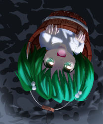 Rule 34 | 1girl, adda, bucket, female focus, green eyes, green hair, hair bobbles, hair ornament, in bucket, in container, kisume, lowres, matching hair/eyes, open mouth, short hair, solo, touhou, twintails, upside-down