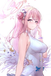Rule 34 | 1girl, armpit crease, asaikeu, blue archive, blush, breasts, dress, feathered wings, hair bun, halo, highres, light smile, long hair, looking at viewer, medium breasts, mika (blue archive), pink hair, simple background, single side bun, solo, straight hair, tears, very long hair, white background, white dress, white wings, wings