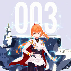 Rule 34 | absurdres, aiguillette, aircraft carrier, black leggings, buttons, china, double-breasted, epaulettes, fujian (aircraft carrier), highres, leggings, lightning, mecha musume, military, military uniform, military vehicle, orange hair, original, people&#039;s liberation army, people&#039;s liberation army navy, personification, ponytail, ribbon bar, ship, solo, uniform, warship, watercraft, wei xin