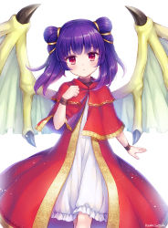 Rule 34 | 1girl, artist name, cannan, closed mouth, dragon wings, dress, fire emblem, fire emblem: the sacred stones, highres, multi-tied hair, myrrh (fire emblem), nintendo, purple hair, red eyes, simple background, solo, twintails, white background, wings