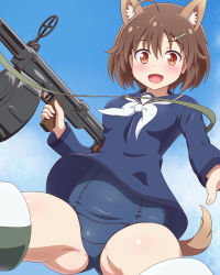 Rule 34 | 1girl, animal ear fluff, animal ears, blouse, blue shirt, brave witches, brown eyes, brown hair, gun, hair ornament, hairclip, highres, holding, holding gun, holding weapon, karibuchi hikari, looking at viewer, old school swimsuit, open mouth, school swimsuit, shiny skin, shirt, short hair, smile, solo, spread legs, squirrel ears, squirrel tail, striker unit, swimsuit, swimsuit under clothes, tail, thighs, weapon, world witches series, yosuzu