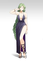 Rule 34 | 1girl, alternate costume, alternate eye color, automatic giraffe, bare shoulders, breasts, choker, commentary, dress, english commentary, full body, green hair, kid icarus, kid icarus uprising, long hair, medium breasts, nintendo, palutena, plunging neckline, red eyes, side slit, smile, solo, standing, very long hair