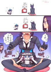Rule 34 | 10s, 3girls, abyssal ship, blush, bodysuit, breasts, cape, chibi, cleavage, comic, gloves, hair intakes, hat, headgear, highres, kantai collection, katase minami, large breasts, long hair, multiple girls, necktie, one-hour drawing challenge, pale skin, purple hair, school uniform, short hair, silver hair, sitting, sitting on lap, sitting on person, tatsuta (kancolle), television, tenryuu (kancolle), thighhighs, translation request, wo-class aircraft carrier