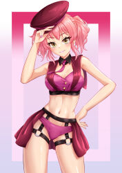 Rule 34 | 1girl, absurdres, bare arms, bare shoulders, bikini, breasts, brown eyes, closed mouth, cowboy shot, hand up, hat, highres, holding, holding clothes, holding hat, idolmaster, idolmaster cinderella girls, jougasaki mika, large breasts, multicolored background, nail polish, navel, necktie, o-ring, peaked cap, pink bikini, pink hair, shiny skin, short necktie, smile, solo, swimsuit, tagme, tanjunde, twintails