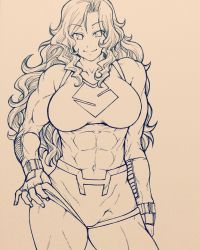 Rule 34 | 1girl, abs, animification, biceps, breasts, chiba toshirou, female focus, fingerless gloves, gloves, highres, ink (medium), jennifer walters, large breasts, long hair, marvel, monochrome, muscular, she-hulk, short shorts, shorts, simple background, smile, solo, tank top, traditional media