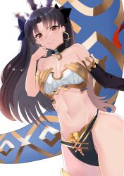 Rule 34 | 1girl, armlet, bad id, bad twitter id, bare arms, bare legs, bare shoulders, black gloves, black hair, black ribbon, blush, breasts, collar, cowboy shot, crown, dutch angle, earrings, elbow gloves, fate/grand order, fate (series), female focus, gloves, hair ribbon, highres, hoop earrings, ishtar (fate), jewelry, kurokawa (kurokashi655), legs, lips, long hair, looking at viewer, medium breasts, midriff, naughty face, navel, neck, red eyes, revealing clothes, ribbon, single glove, smile, smirk, solo, strapless, tohsaka rin, two side up, type-moon