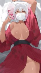 Rule 34 | 1girl, absurdres, areola slip, arm up, black nails, black sash, blush, breasts, byeon dha, dark-skinned female, dark skin, drill hair, floral print, gradient hair, gyaru, highres, index finger raised, japanese clothes, kimono, kogal, large breasts, long sleeves, looking at viewer, lying, mask, medium hair, mole, mole under eye, momocca, mouth mask, multicolored hair, no bra, no panties, on back, open clothes, open kimono, original, pillow, pink hair, red eyes, red hair, red kimono, sash, single bare shoulder, solo, surgical mask, twin drills, white hair, white mask, wide sleeves