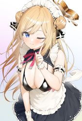Rule 34 | 1girl, ;), amatsuka ramie, apron, arm garter, bare shoulders, black bra, black dress, black ribbon, blonde hair, blue eyes, blush, bra, braid, braided bun, breastless clothes, breasts, cleavage, closed mouth, commentary request, cowboy shot, double bun, dress, finger to cheek, frills, hair bun, hair ribbon, halo, heart, highres, index finger raised, itohana, large breasts, long hair, looking at viewer, maid, maid apron, maid headdress, multicolored background, neck ribbon, one eye closed, pink ribbon, ribbon, ribbon-trimmed dress, ribbon-trimmed headwear, ribbon braid, ribbon trim, short dress, sleeveless, sleeveless dress, smile, solo, string bra, swept bangs, underwear, virtual youtuber, vtuber maid ramie, white apron, wrist cuffs