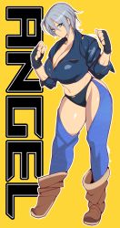 Rule 34 | 1girl, absurdres, angel (kof), black gloves, black jacket, black panties, blue eyes, boots, breasts, brown footwear, chaps, character name, cleavage, clenched hands, collarbone, contrapposto, cowboy boots, cropped jacket, fingerless gloves, full body, gloves, groin, hair between eyes, hands up, highres, jacket, kuma8132, large breasts, leaning forward, leather, leather jacket, legs apart, lips, looking at viewer, midriff, navel, o3o, outline, panties, shiny clothes, short hair, silver hair, sleeves pushed up, snk, solo, standing, the king of fighters, the king of fighters 2001, thighs, underwear, white outline, yellow background, zipper