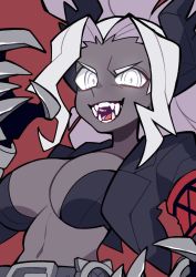 Rule 34 | 1girl, armband, azuumori, black jacket, breasts, claws, cleavage, commentary, cropped jacket, dark skin, dark-skinned female, demon horns, english commentary, fangs, glowing, glowing eyes, helltaker, highres, horns, jacket, judgement (helltaker), large breasts, long hair, looking at viewer, midriff, navel, open clothes, open jacket, open mouth, red background, simple background, smile, solo, upper body, white eyes, white hair