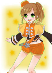 Rule 34 | 1girl, :d, brown hair, green eyes, happy, hat, midriff, navel, open mouth, orange shorts, sangoku musou 1, shawl, shi-bamaru, shin sangoku musou, short hair, shorts, side ponytail, smile, solo, xiao qiao