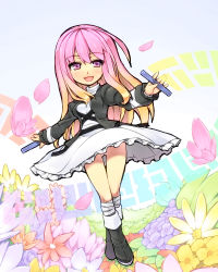 Rule 34 | 1girl, :d, ankle boots, bad id, bad pixiv id, blonde hair, boots, chibi, clothes lift, colorful, dress, dress lift, female focus, flower, frills, hijiri byakuren, crossed legs, long hair, mikan riji, no panties, open mouth, petals, pink eyes, pink hair, purple eyes, scroll, smile, solo, sorcerer&#039;s sutra scroll, standing, touhou, very long hair, wind, wind lift