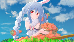 Rule 34 | 1girl, ame., animal ear fluff, animal ears, black leotard, blue hair, blue sky, blush, bow, braid, breasts, carrot hair ornament, cleavage, closed mouth, cloud, commentary request, day, detached sleeves, don-chan (usada pekora), dress, food-themed hair ornament, hair between eyes, hair bow, hair ornament, highres, hololive, leotard, long hair, multicolored hair, outdoors, puffy short sleeves, puffy sleeves, rabbit-shaped pupils, rabbit ears, red eyes, short eyebrows, short sleeves, sidelocks, sky, small breasts, smile, strapless, strapless dress, strapless leotard, symbol-shaped pupils, thick eyebrows, twin braids, twintails, two-tone hair, usada pekora, usada pekora (1st costume), very long hair, virtual youtuber, white bow, white dress, white hair, white sleeves