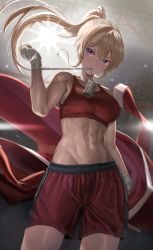 Rule 34 | 1girl, abs, absurdres, bad id, bad twitter id, bandages, bare arms, bare shoulders, blonde hair, blush, boxing shorts, breasts, closed mouth, highres, large breasts, long hair, looking at viewer, navel, original, ponytail, purple eyes, red shorts, red sports bra, shorts, silvertsuki, solo, sports bra, spotlight