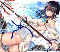 Rule 34 | 1girl, :o, absurdres, ass, black hair, blue eyes, breasts, cloud, dutch angle, fate/grand order, fate/requiem, fate (series), highres, holding, holding staff, looking at viewer, magatama, magatama hair ornament, medium breasts, multicolored hair, open mouth, outdoors, red hair, revealing clothes, rope, seigaiha, short hair, sideboob, sky, solo, staff, toukan, two-tone hair, utsumi erice, water