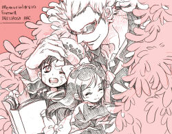 Rule 34 | 1girl, 2boys, aged down, baby 5, black hair, black hoodie, black shirt, blonde hair, blush, book, bow, closed eyes, coat, commentary, donquixote doflamingo, earrings, eguana, english commentary, english text, feather coat, hand on another&#039;s head, holding, holding book, hood, hoodie, hug, jewelry, long hair, multiple boys, necktie, one piece, pink coat, shirt, short hair, smile, sunglasses, trafalgar law, white headwear